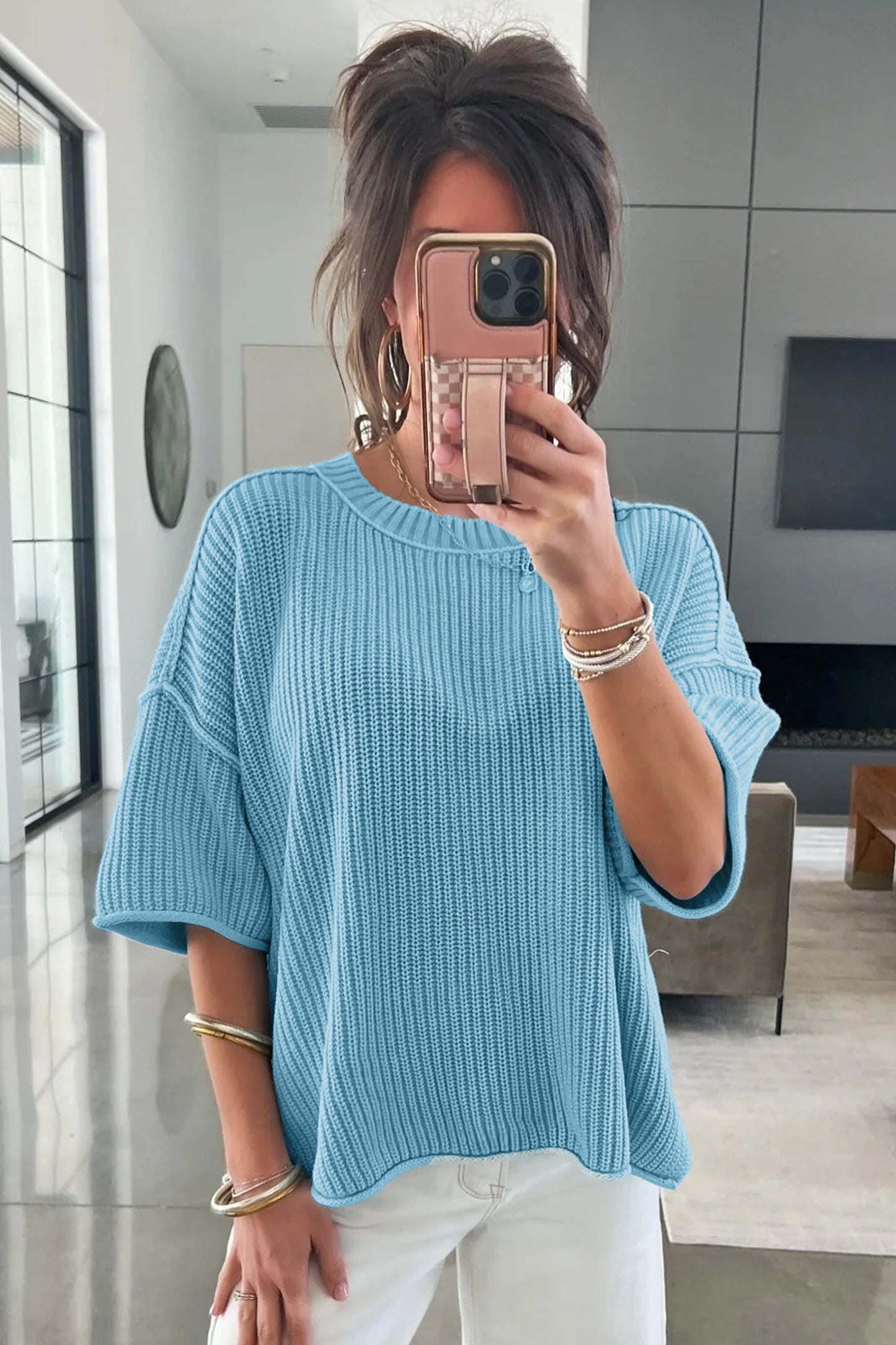 Mist Blue Exposed Seam Detail Half Sleeve Loose Sweater