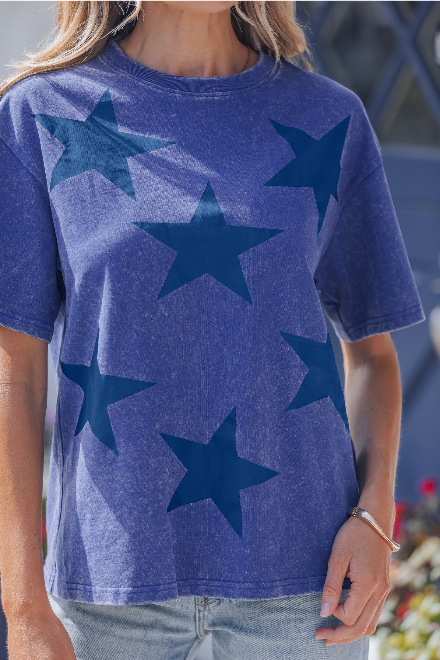 Blue Independence Day Star Printed Mineral Wash T Shirt