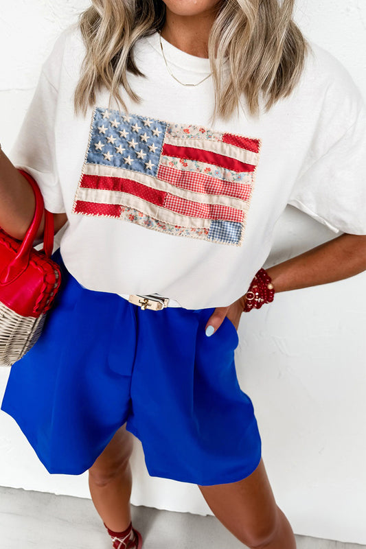 White Faux Patchwork Printed US Flag Casual Tee
