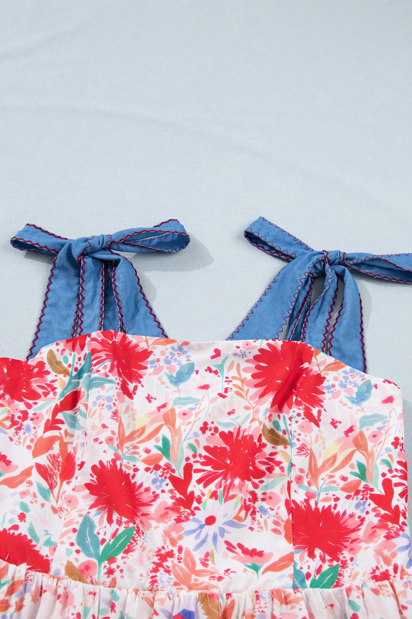 Red Floral Print Contrast Stitched Knot Denim Straps High Waist Dress