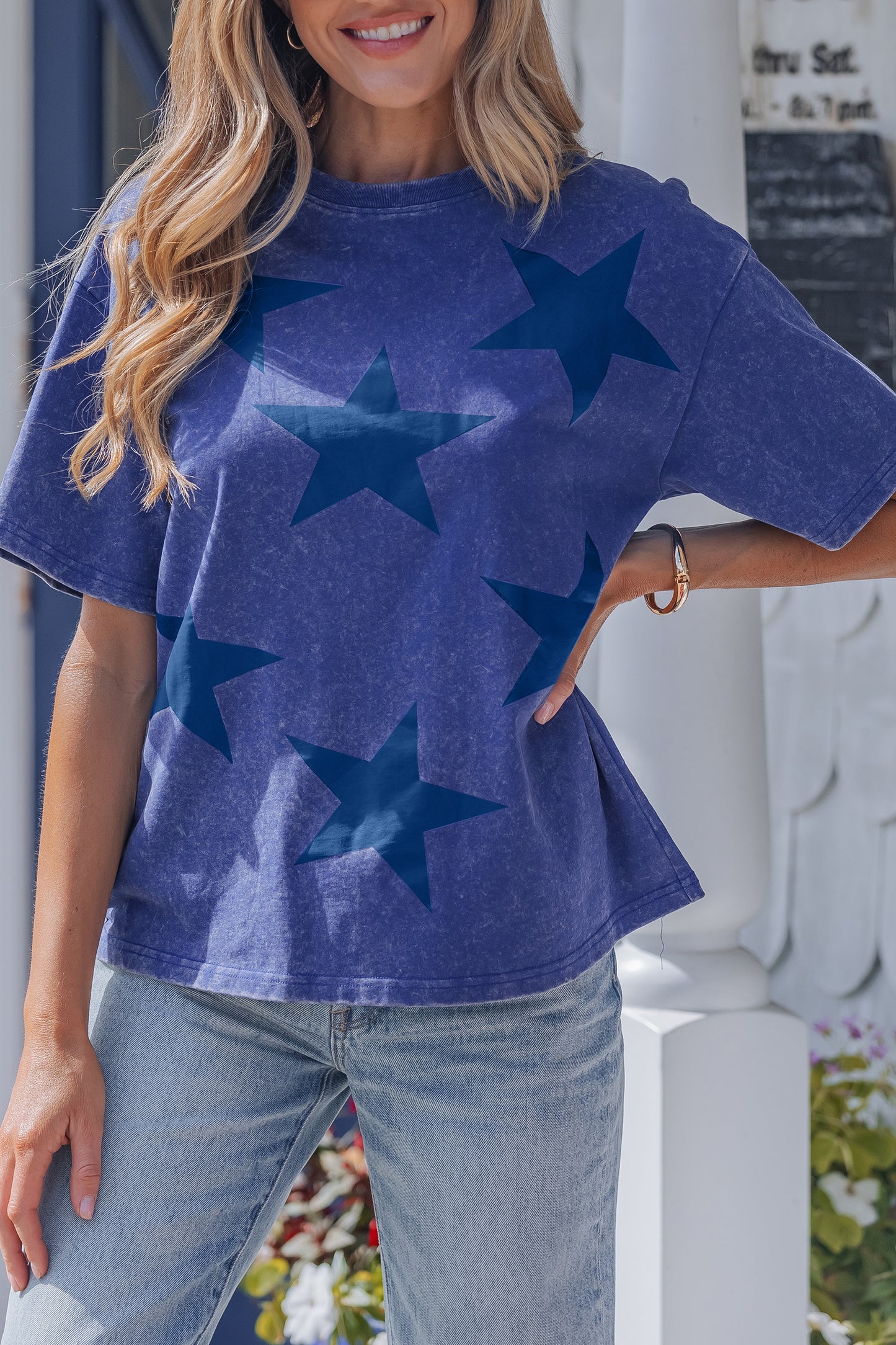 Blue Independence Day Star Printed Mineral Wash T Shirt