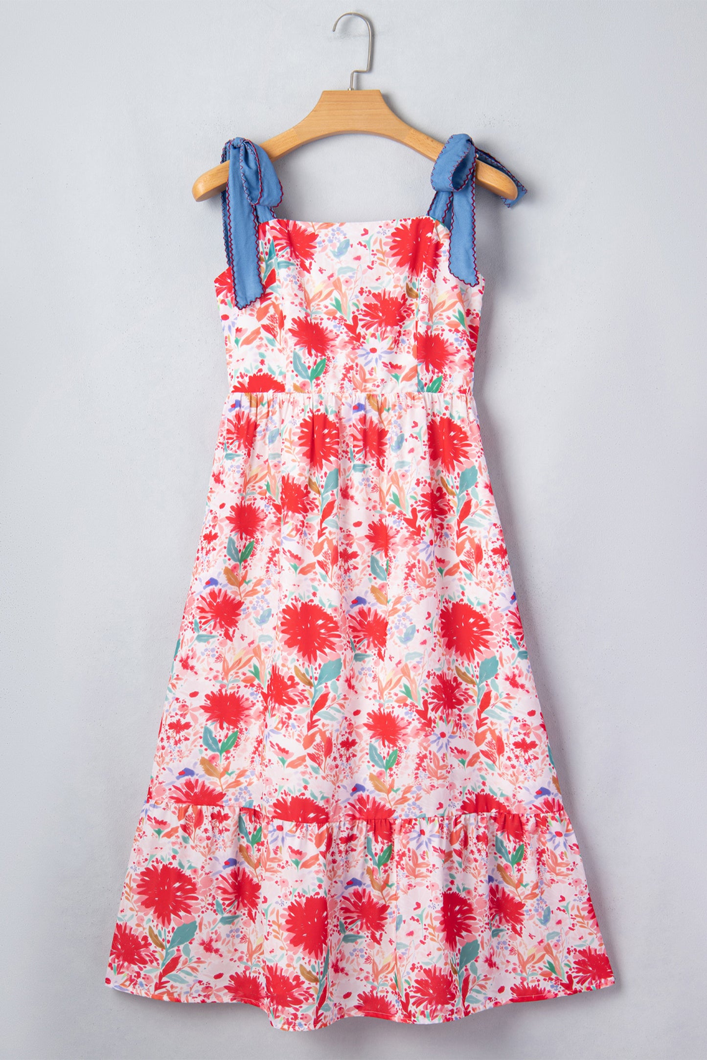 Red Floral Print Contrast Stitched Knot Denim Straps High Waist Dress