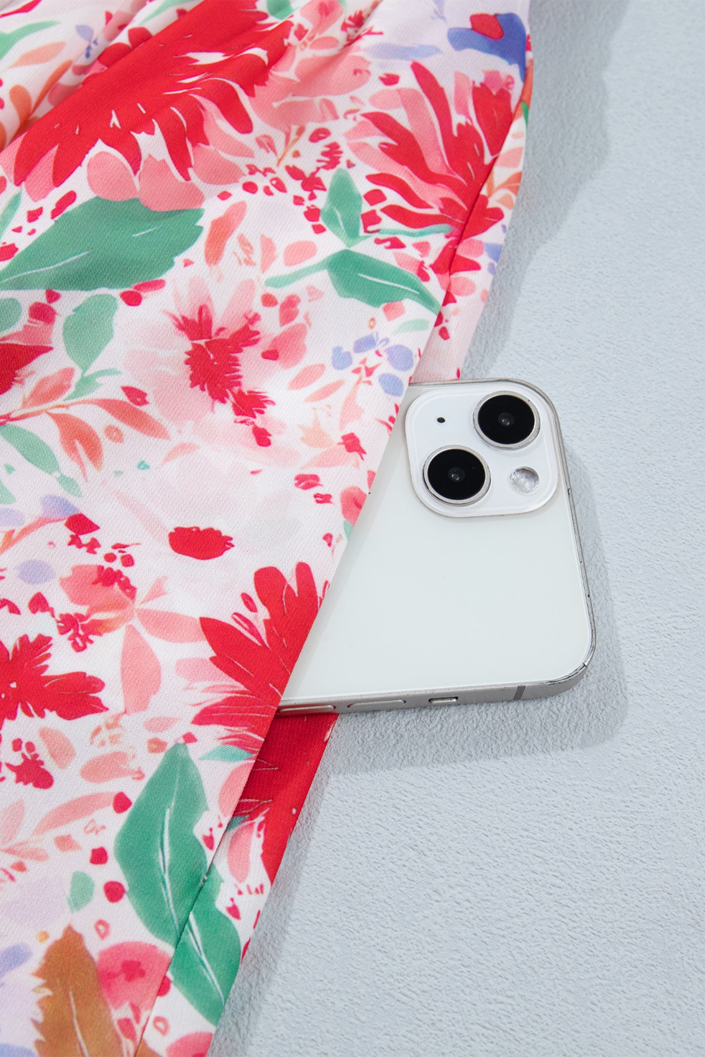 Red Floral Print Contrast Stitched Knot Denim Straps High Waist Dress