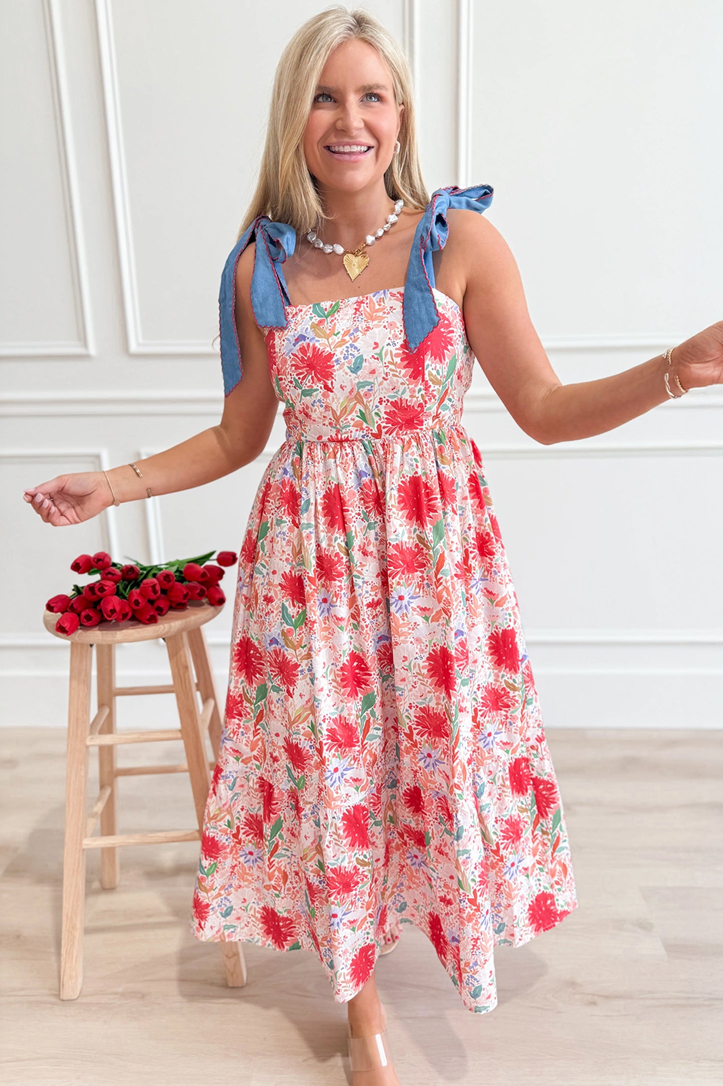 Red Floral Print Contrast Stitched Knot Denim Straps High Waist Dress