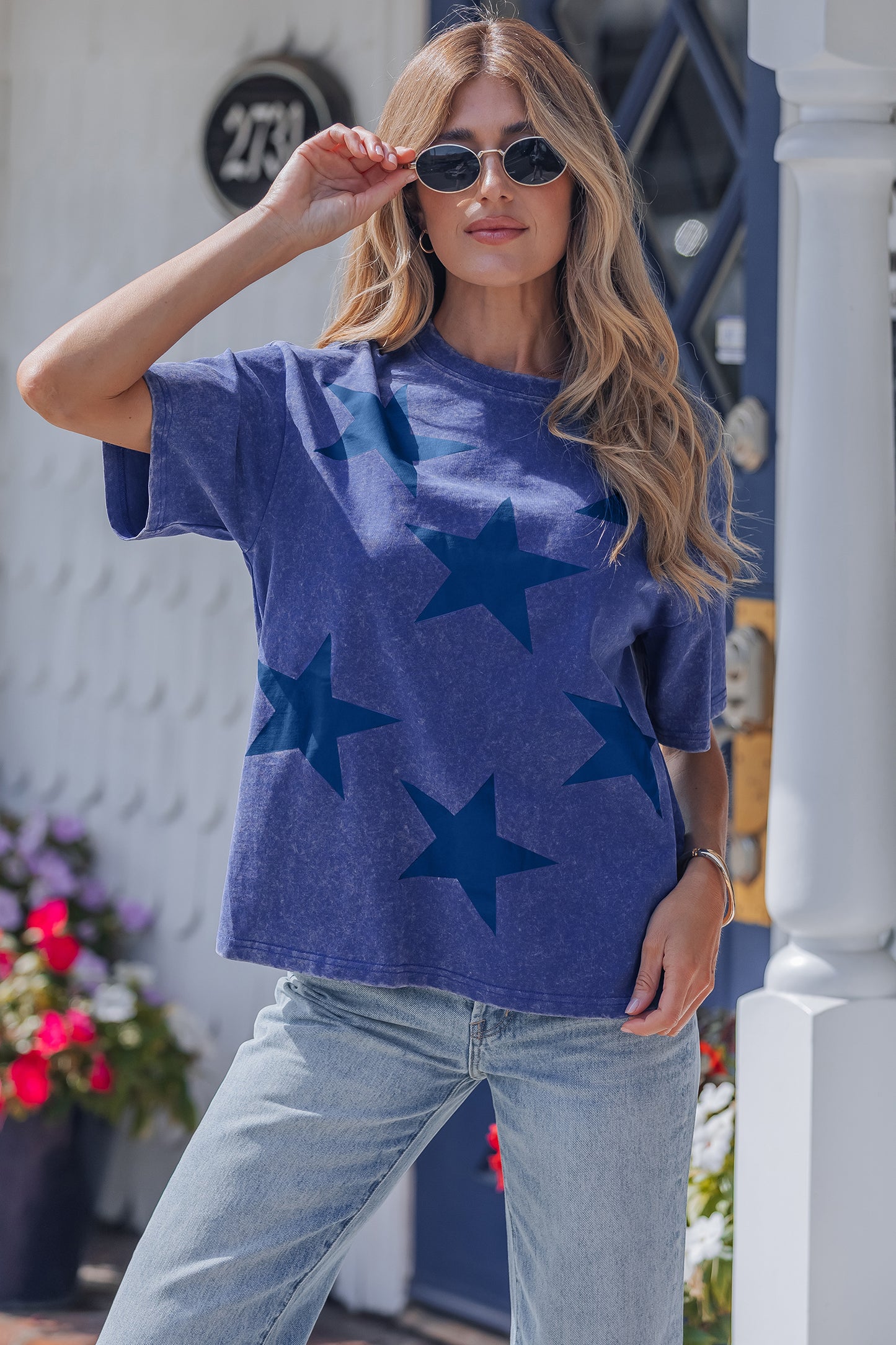 Blue Independence Day Star Printed Mineral Wash T Shirt