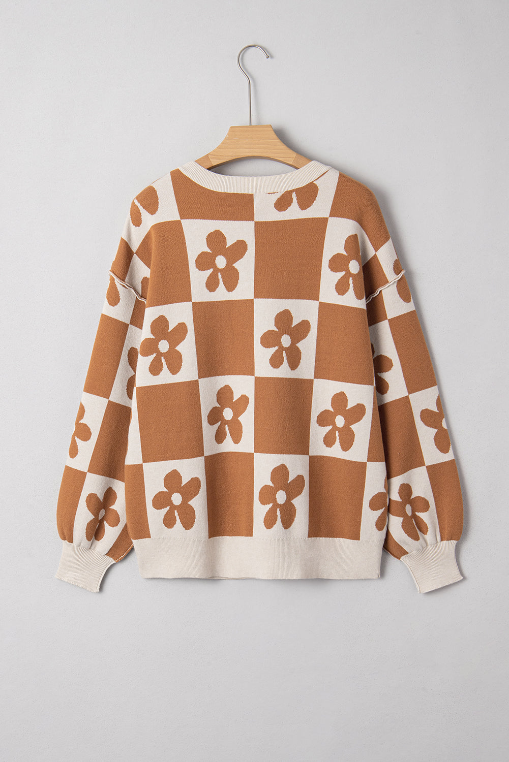 Thai Curry Flower Plaid Henley Baggy Sweater