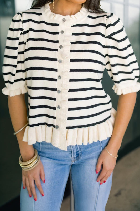 Beige Stripe Ruffle Trim Button Down Knit Short Sleeve Sweater Cardigan