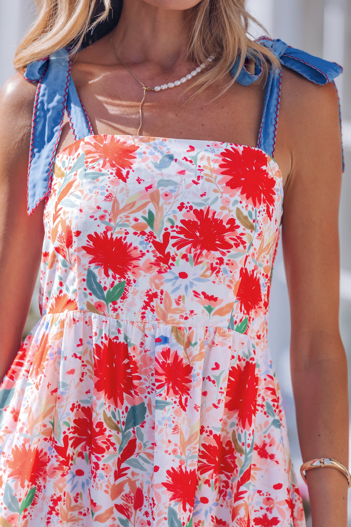 Red Floral Print Contrast Stitched Knot Denim Straps High Waist Dress