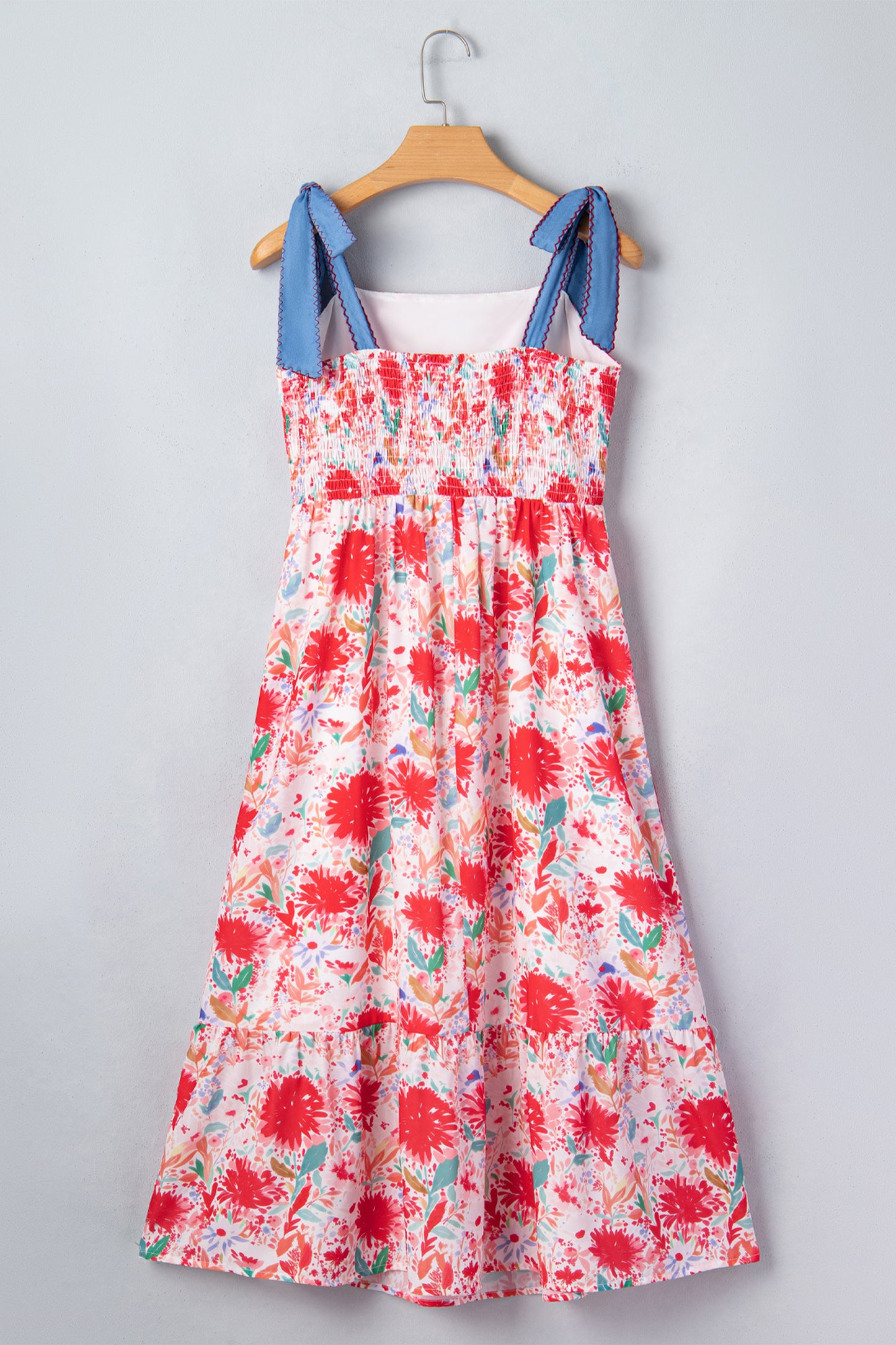Red Floral Print Contrast Stitched Knot Denim Straps High Waist Dress