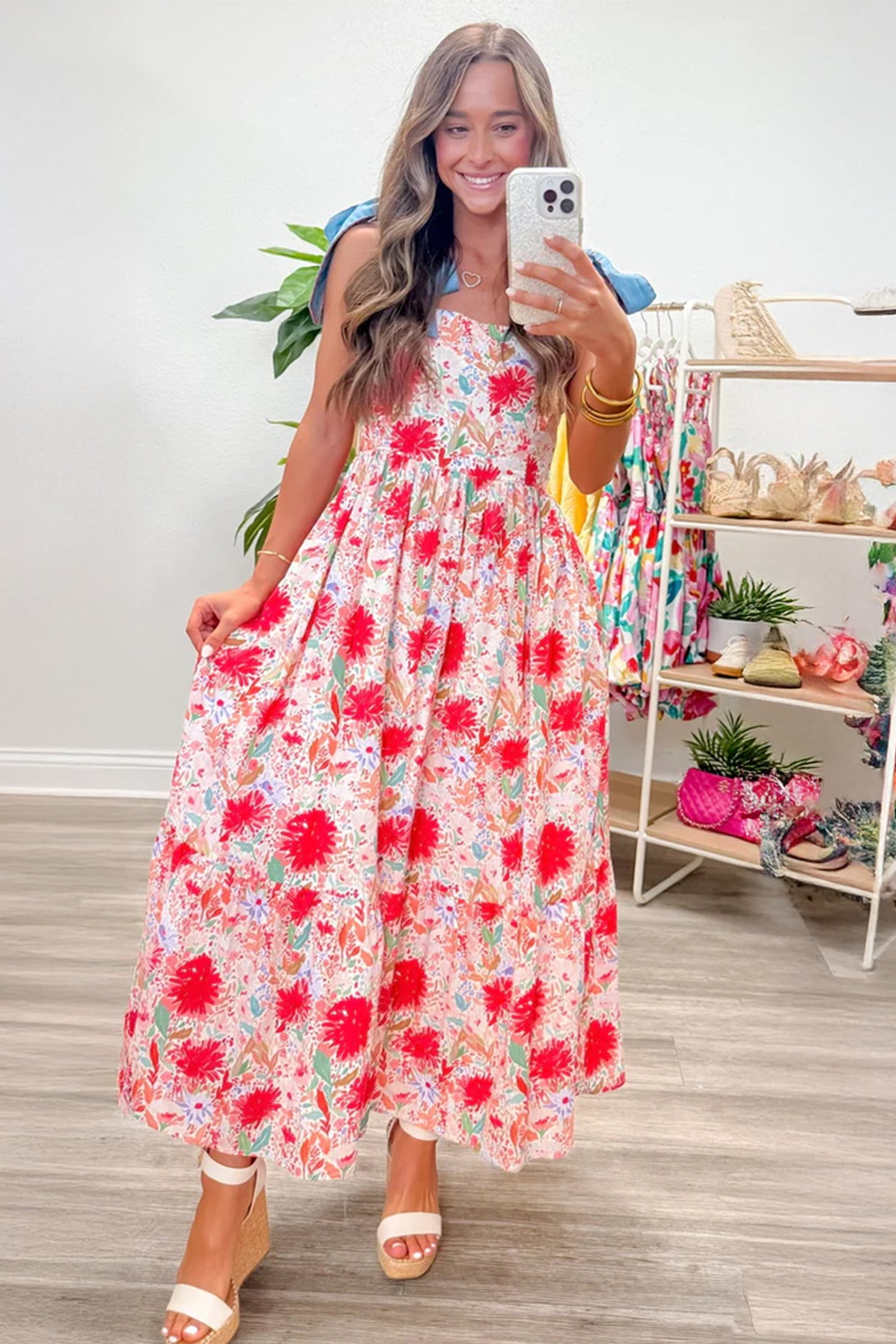 Red Floral Print Contrast Stitched Knot Denim Straps High Waist Dress