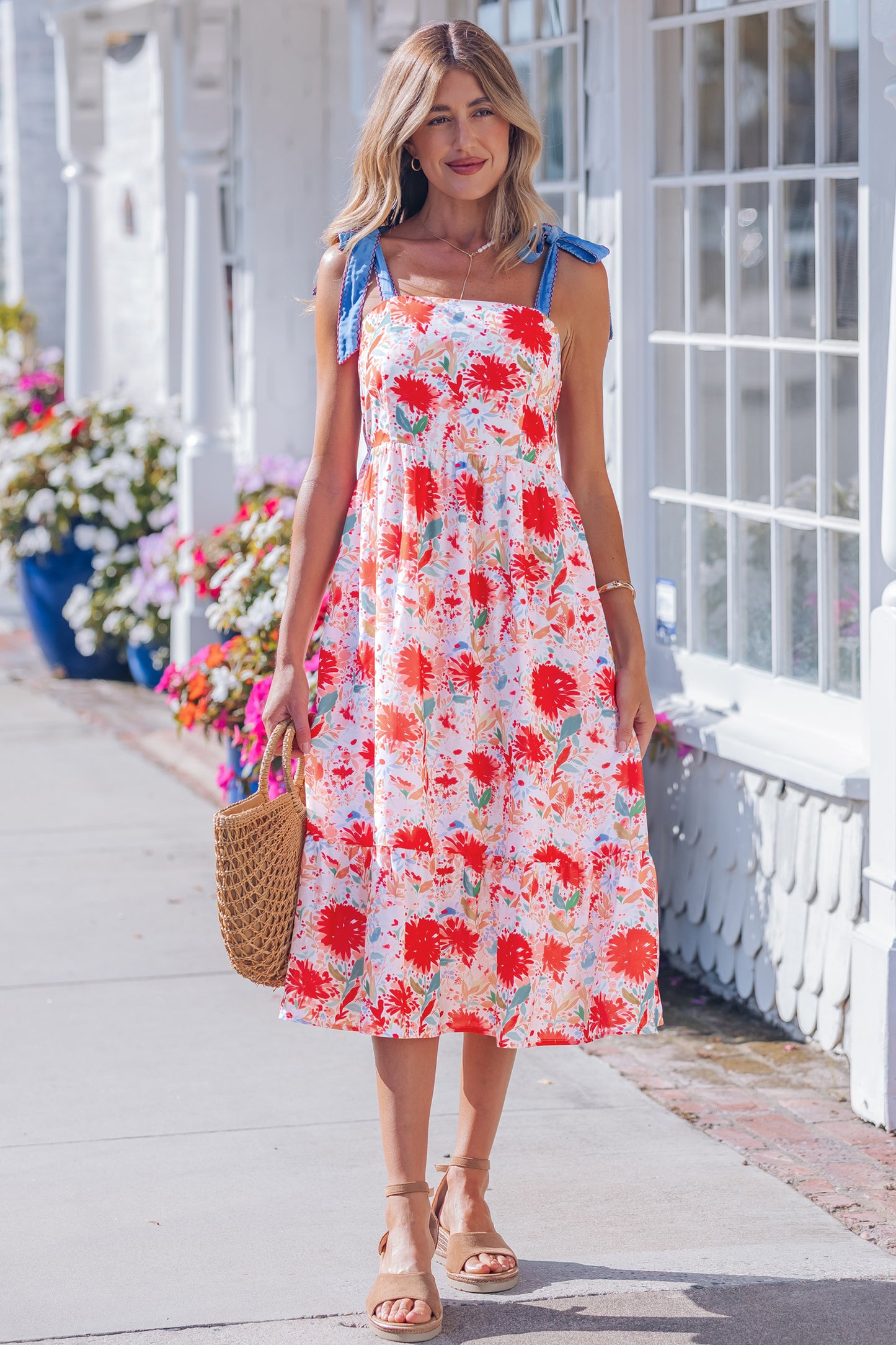 Red Floral Print Contrast Stitched Knot Denim Straps High Waist Dress