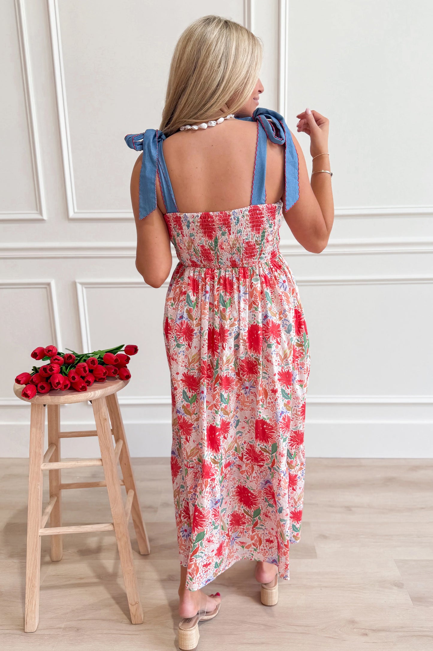Red Floral Print Contrast Stitched Knot Denim Straps High Waist Dress
