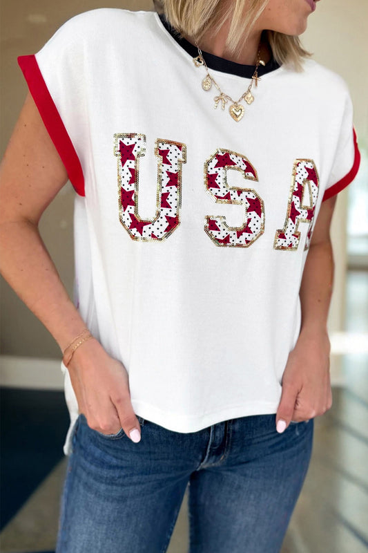 White USA Sequin Color Block Trim Loose T Shirt