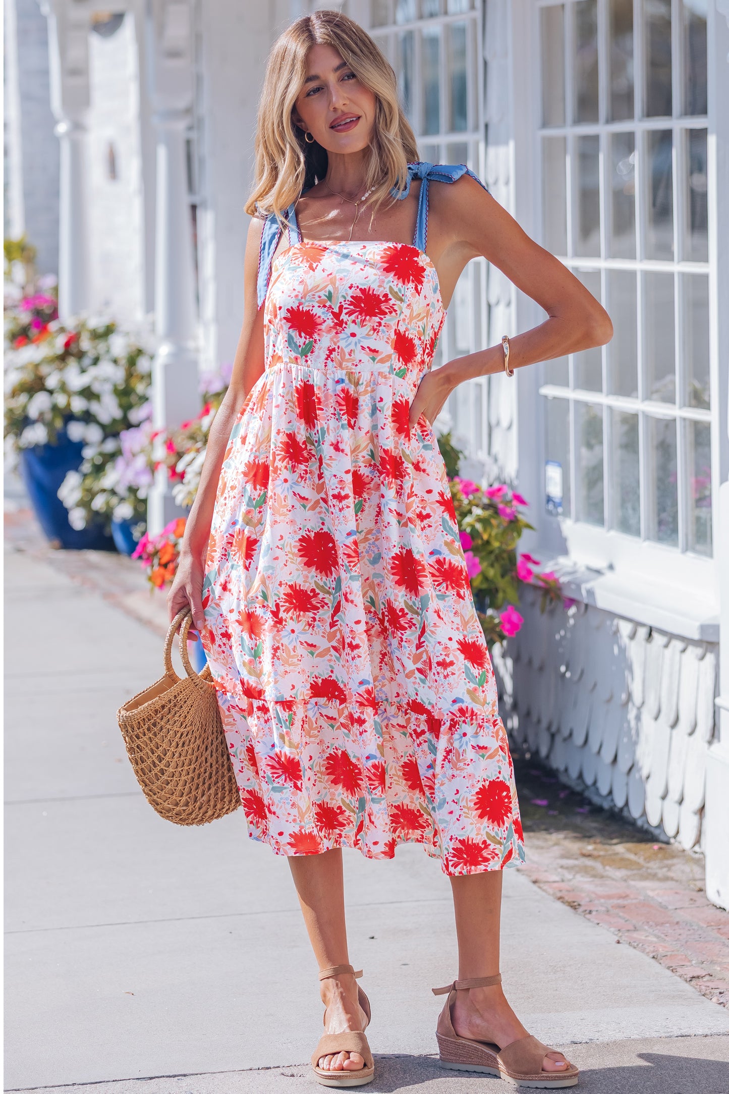Red Floral Print Contrast Stitched Knot Denim Straps High Waist Dress