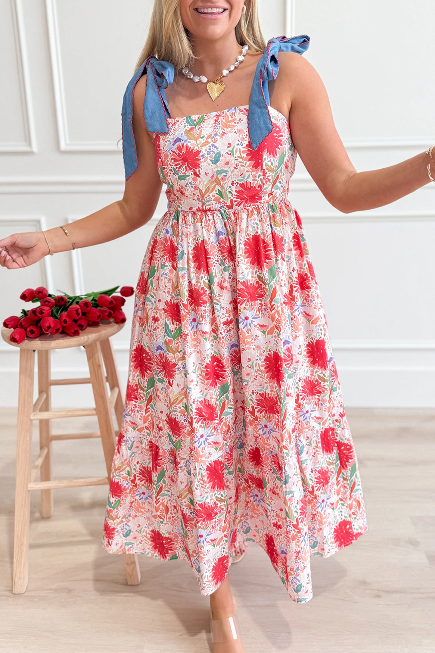 Red Floral Print Contrast Stitched Knot Denim Straps High Waist Dress