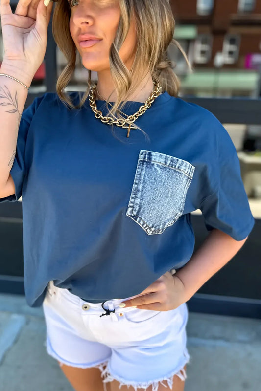 Sail Blue Color Block Chest Pocket Patched Casual Short Sleeve Top