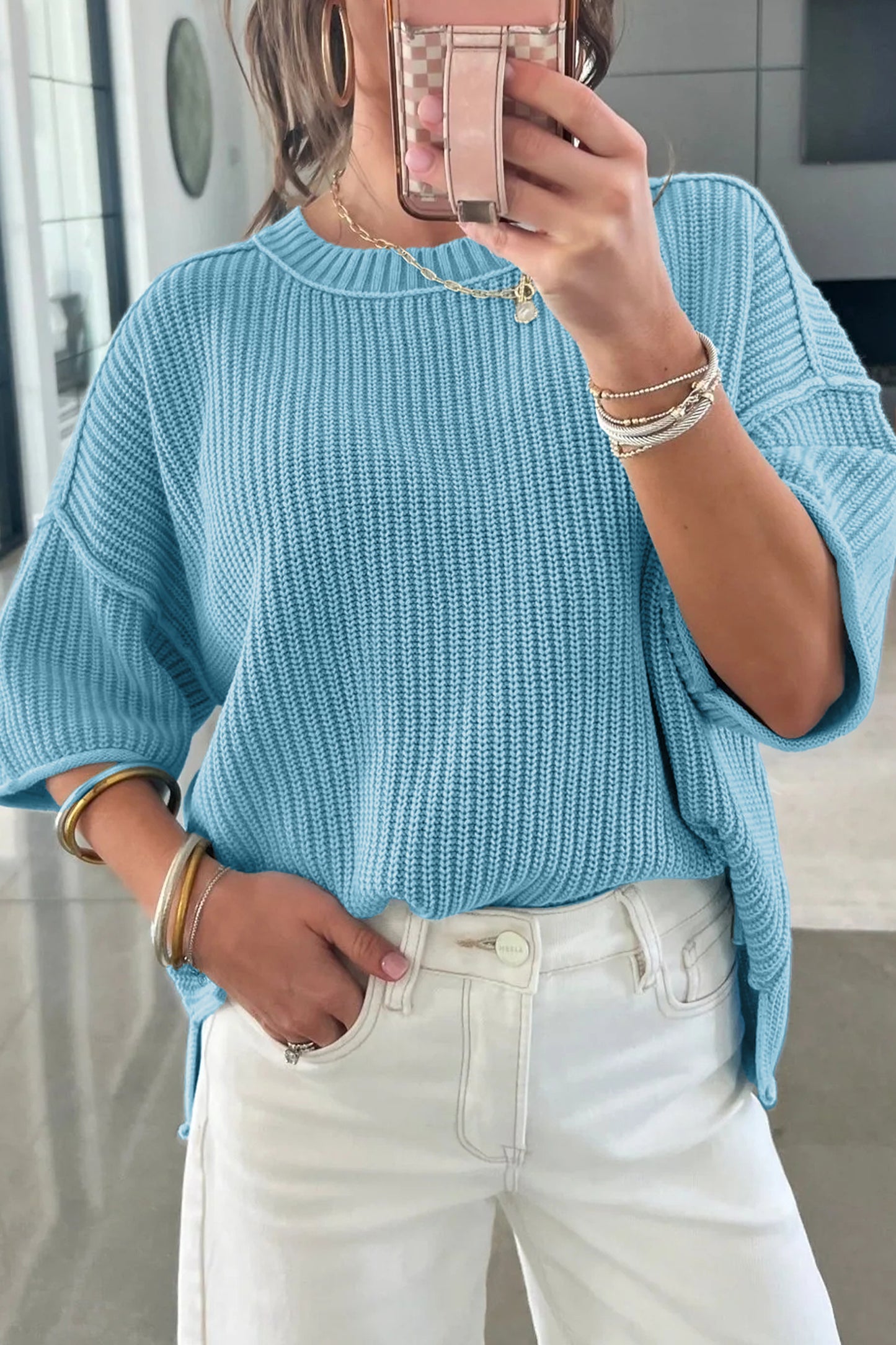 Mist Blue Exposed Seam Detail Half Sleeve Loose Sweater