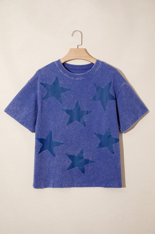 Blue Independence Day Star Printed Mineral Wash T Shirt