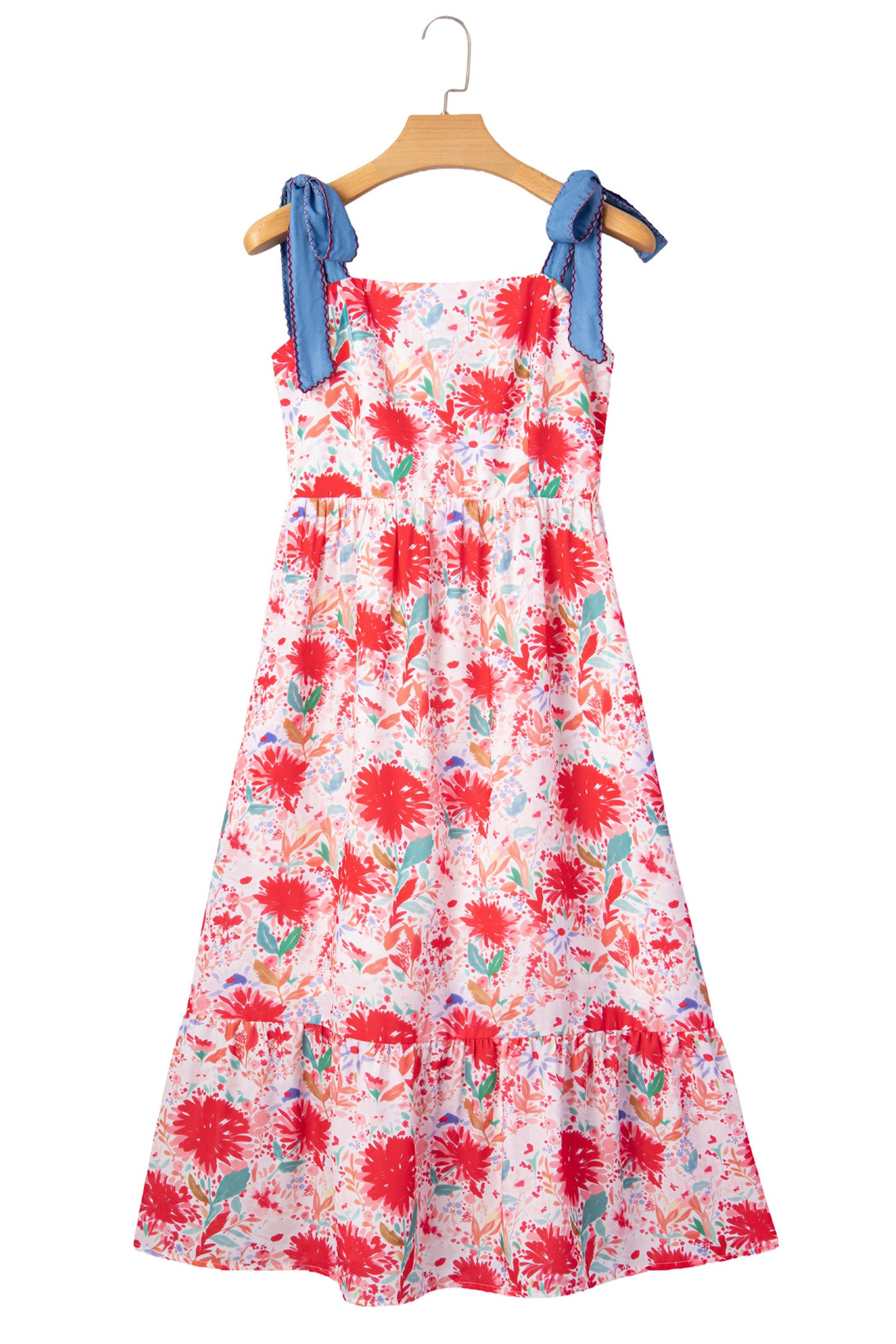 Red Floral Print Contrast Stitched Knot Denim Straps High Waist Dress